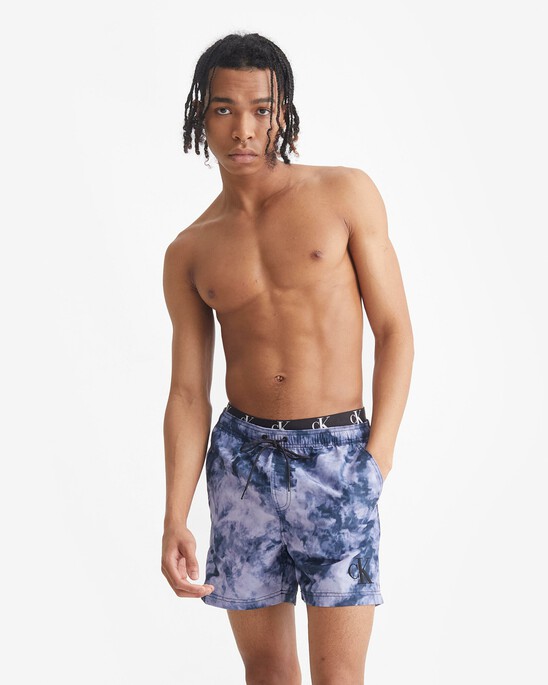 TIE DYE PRINT DOUBLE WAISTBAND MEDIUM SWIM SHORTS