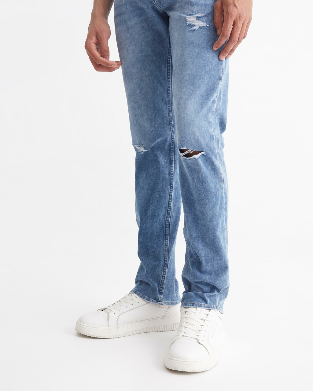 Ultimate Stretch Distressed Slim Jeans, Visual Mid Blue Dstr, hi-res