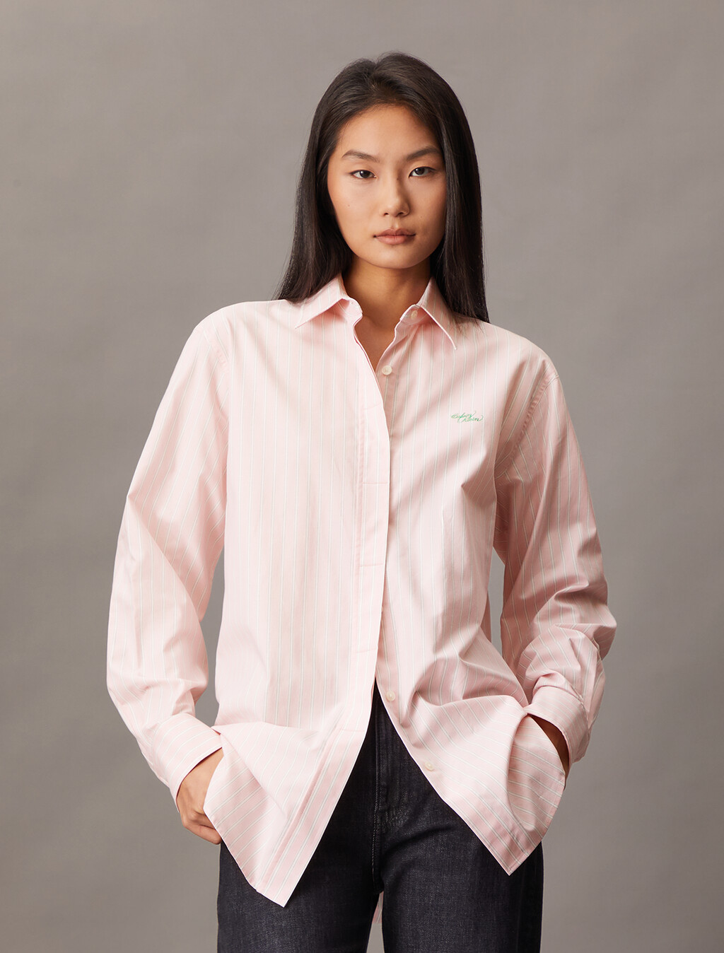 Stripe Relaxed Button-Down Shirt, Powder Pink, hi-res