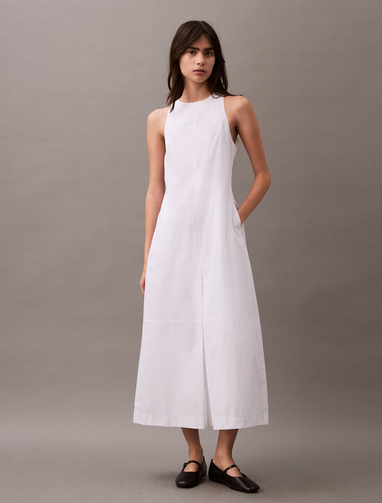 Cotton Poplin Box Pleat Midi Dress