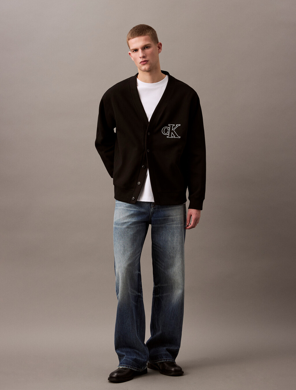 Double Knit Logo Applique Cardigan, Black, hi-res