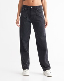 Sustainable 90s Straight Jeans, Washed Black Pleated, hi-res