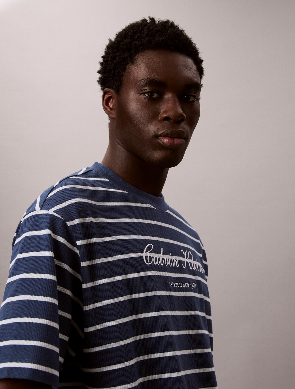 Relaxed Cotton Piqu&eacute; Stripe T-shirt, Dark Denim, hi-res