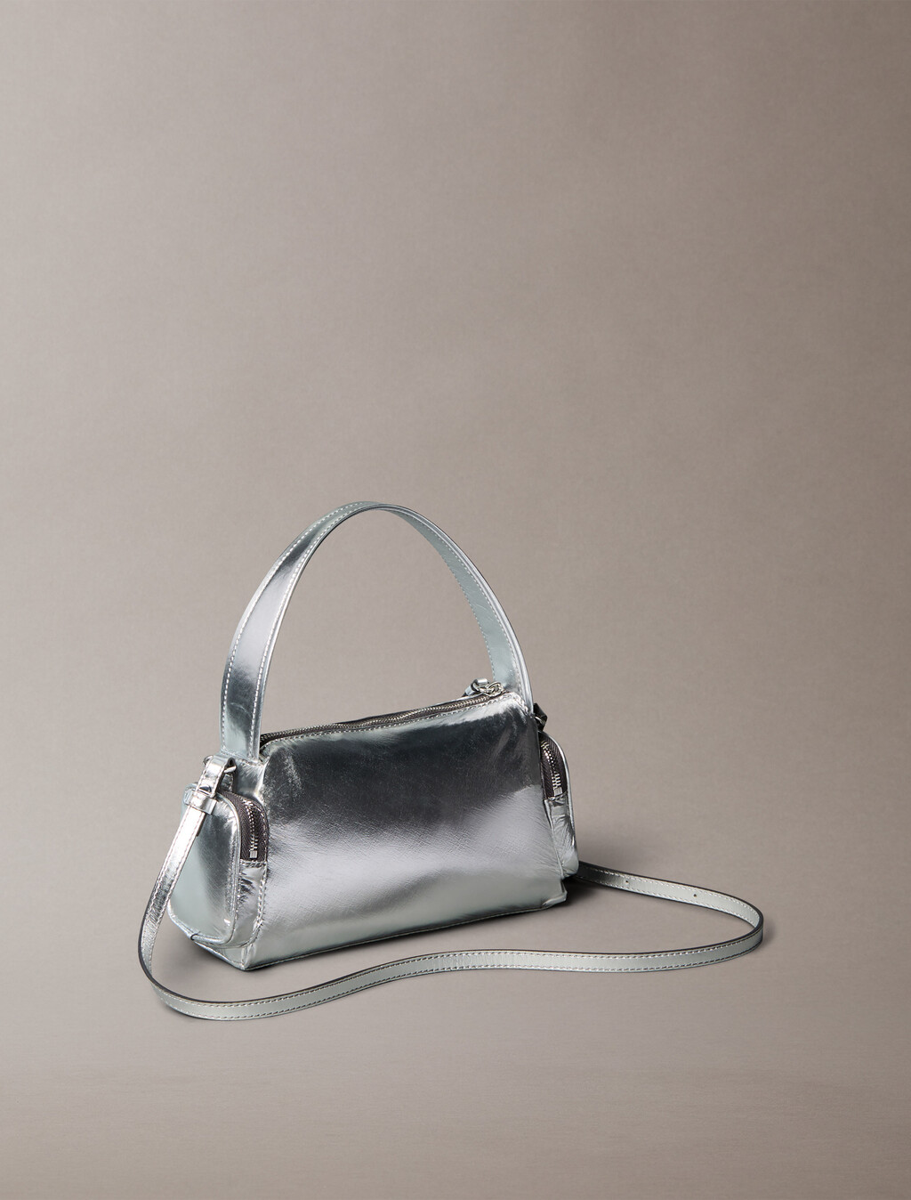 Pocket Metallic Nylon Small Shoulder Bag, SILVER METALLIC, hi-res