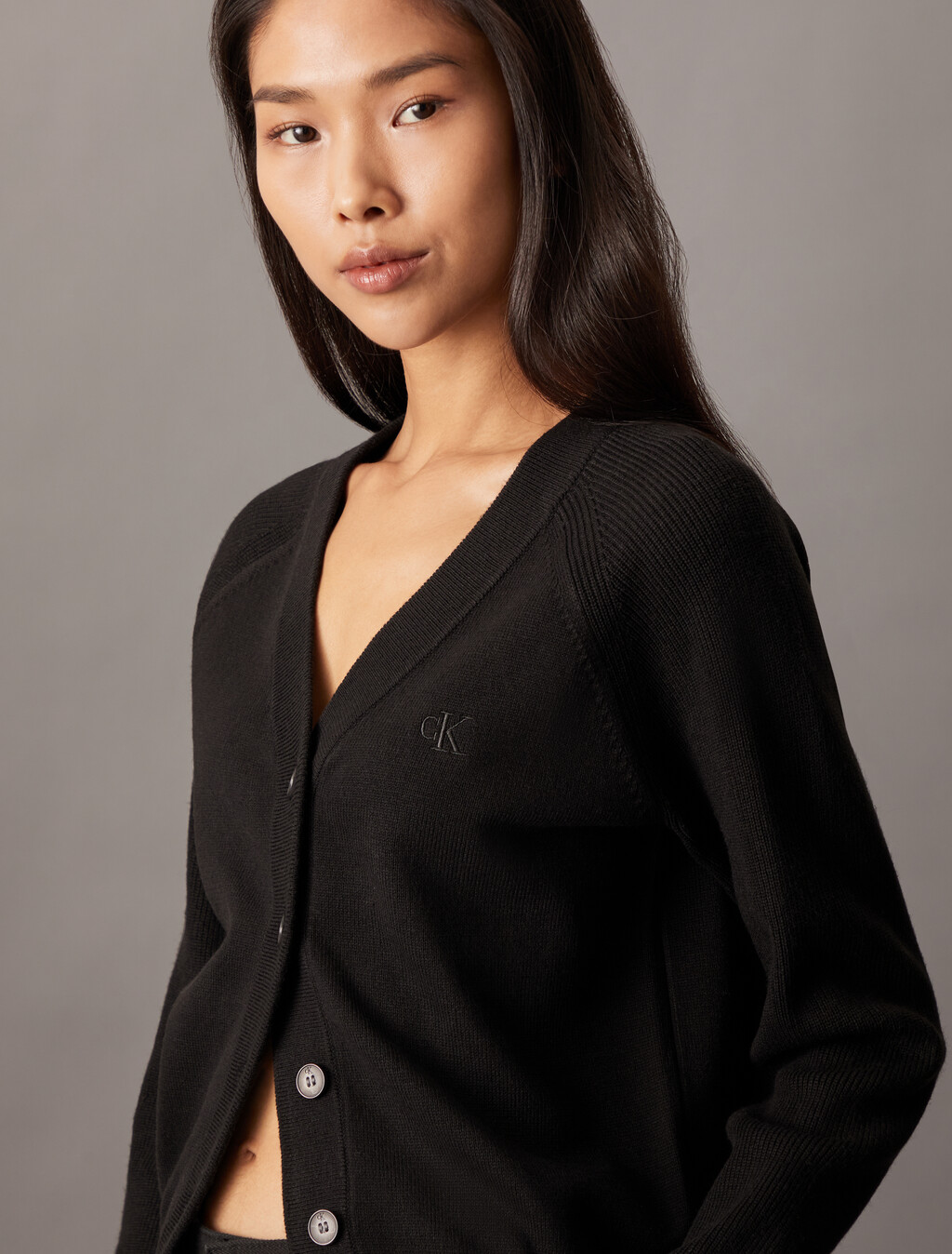V Neck Rib Knit Cardigan, Ck Black, hi-res