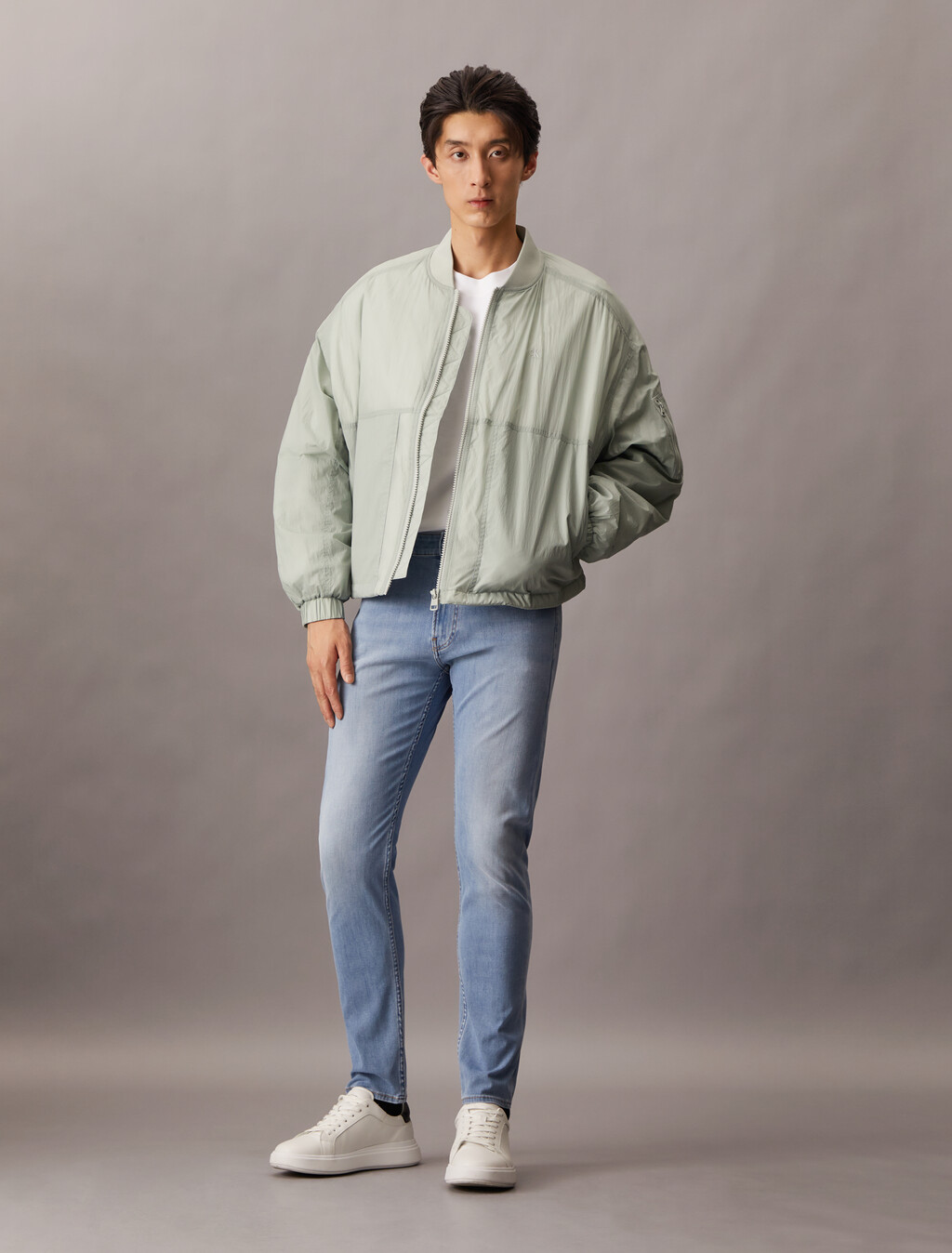 Lightweight Nylon Relaxed Bomber Jacket, Slate Gray, hi-res