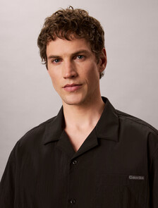 Nylon Relaxed Camp Collar Shirt, Black, hi-res