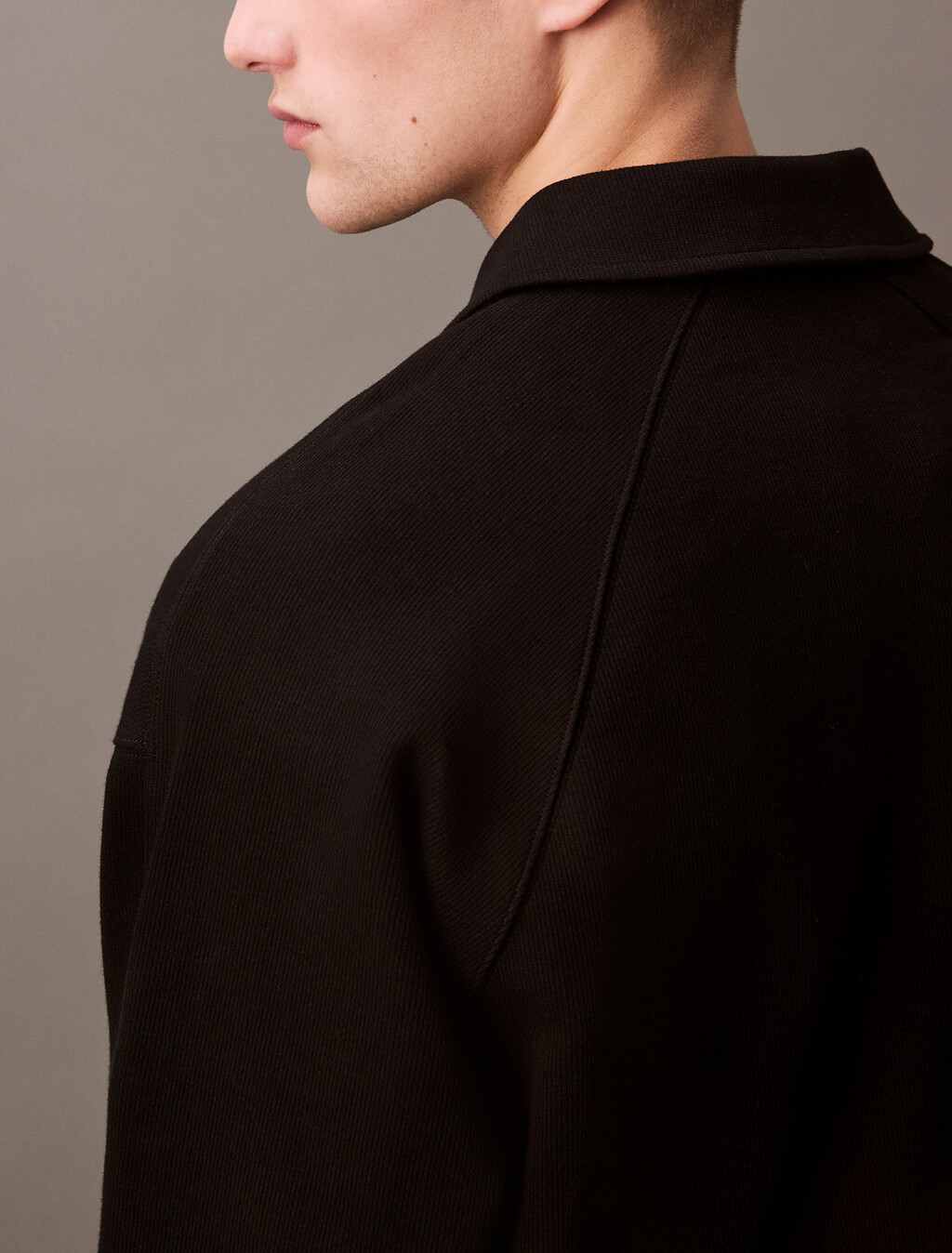 Rib Knit Logo Applique Zip Polo, Black, hi-res