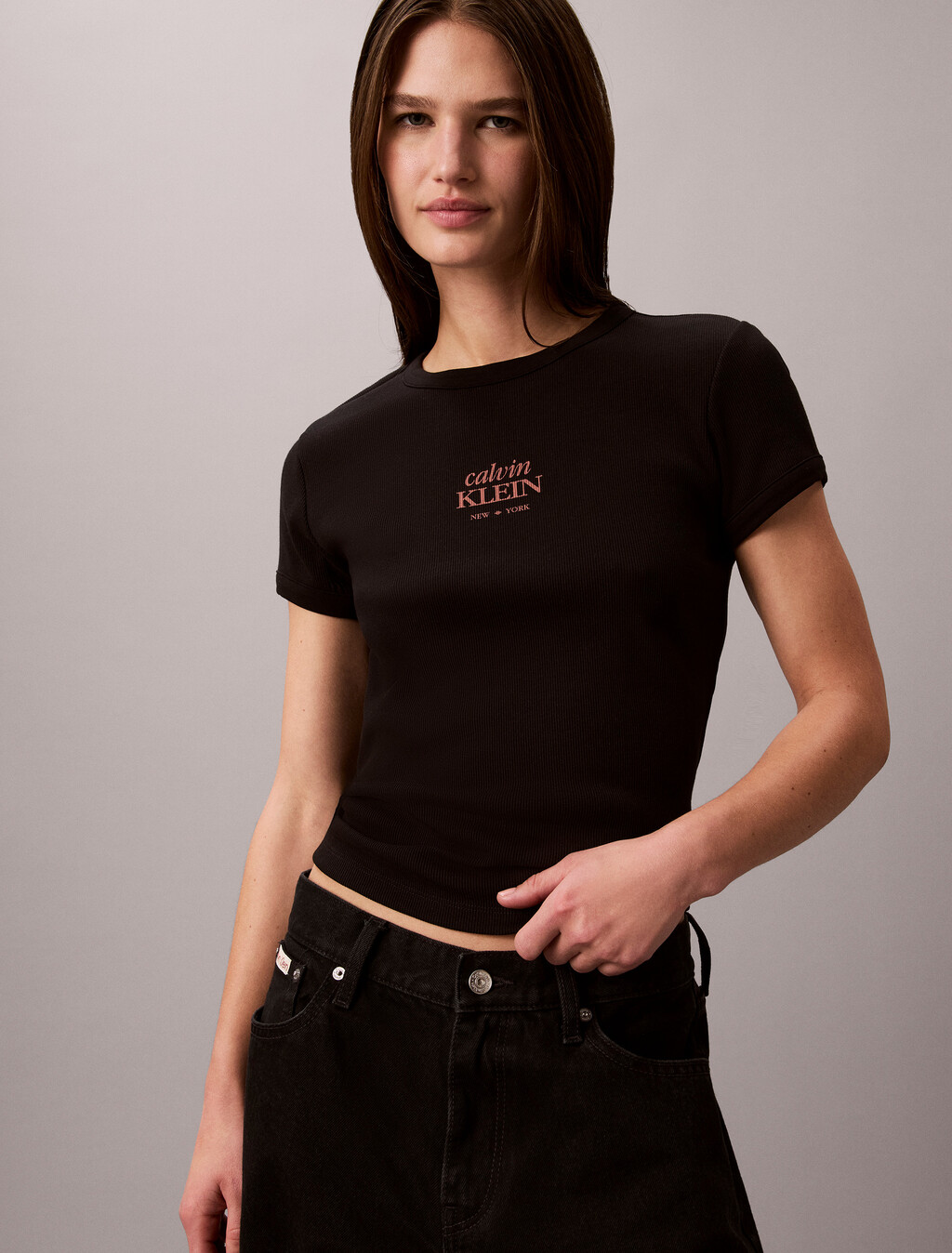 Slim Ribbed Cotton Logo T-shirt, Black, hi-res