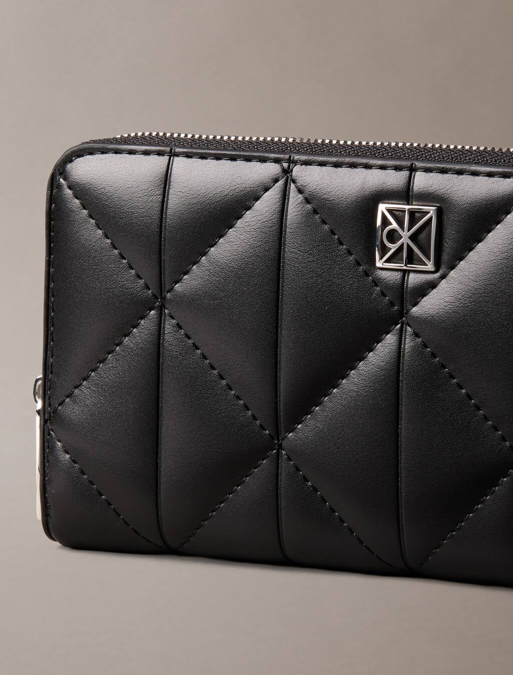 Quilted Emblem Long Zip Around Wallet, Black, hi-res