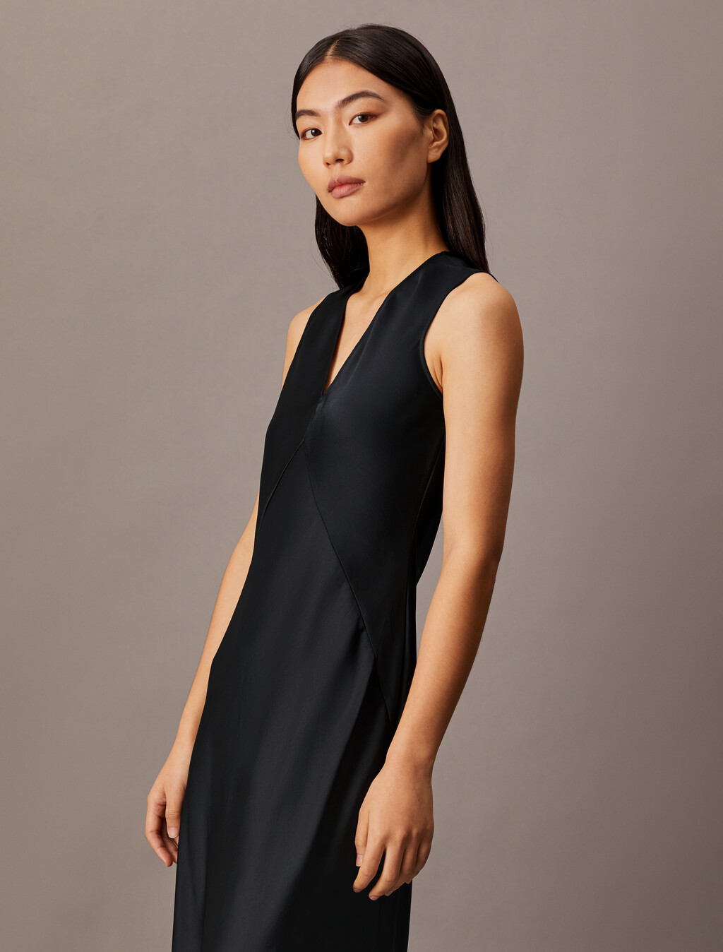 Essentials Satin Sleeveless V Neck Dress, Black Beauty, hi-res