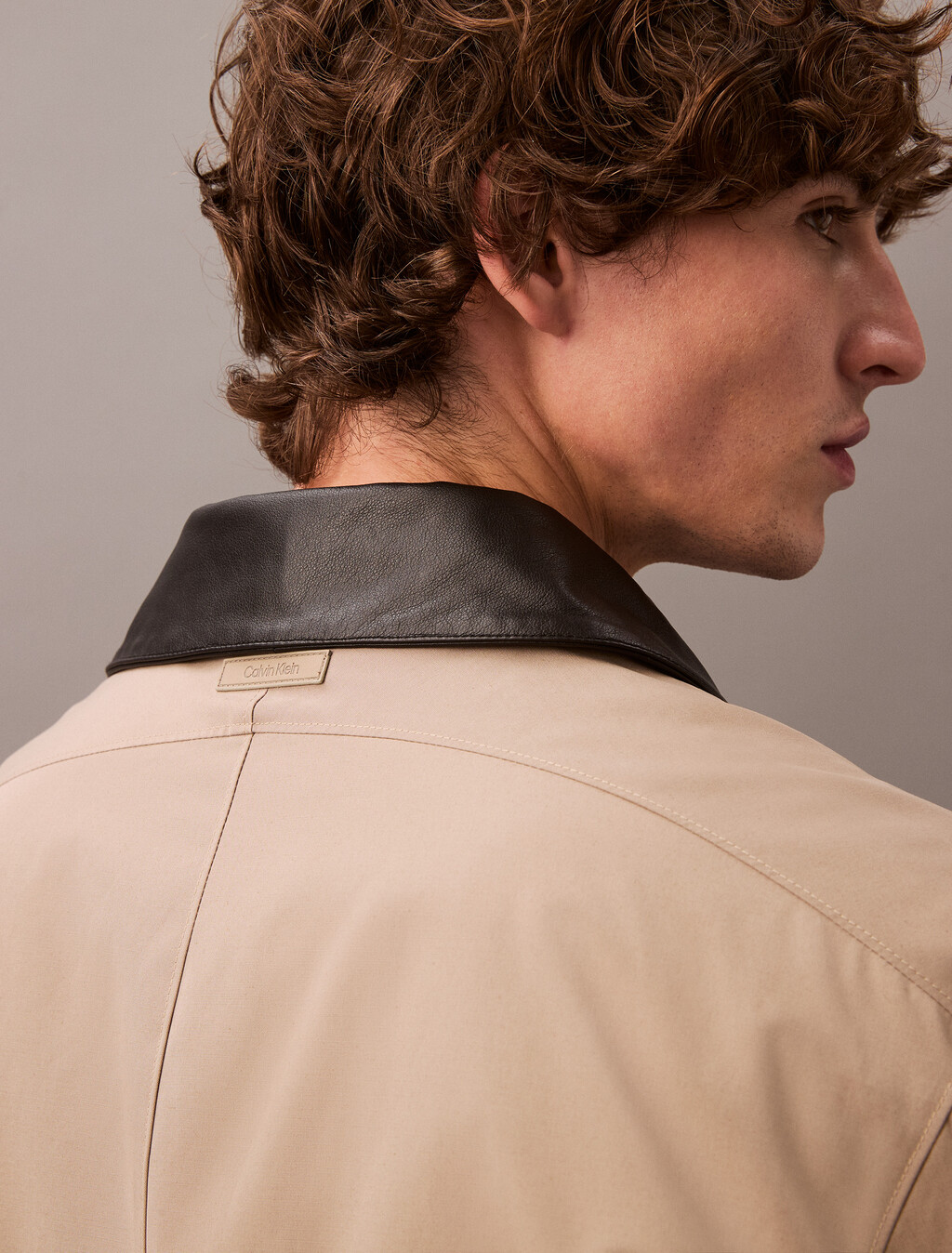 Leather Collar Bomber Jacket, Greige, hi-res