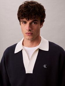Cotton Relaxed Johnny Collar Sweater, Dark Sapphire, hi-res