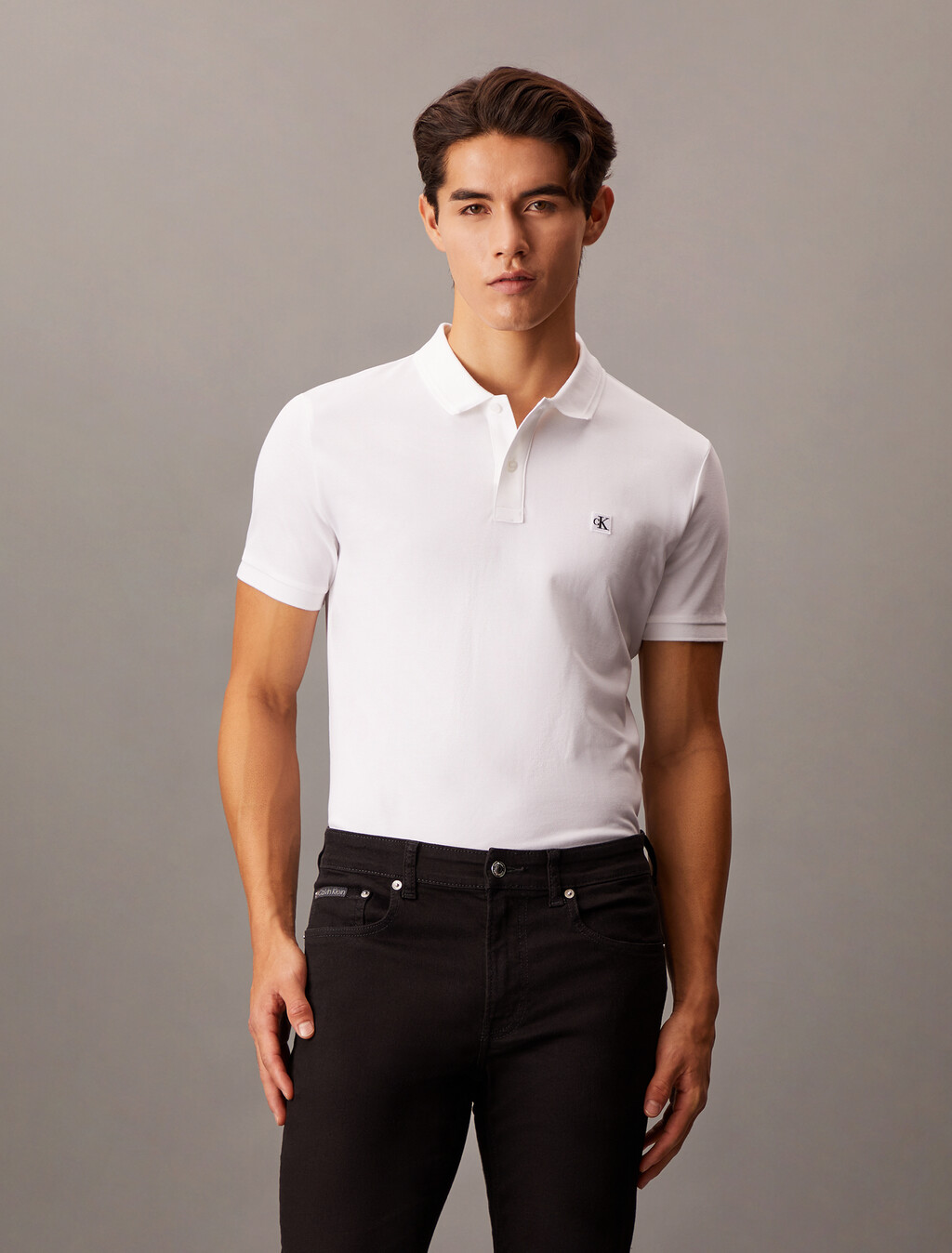 CK Badge Smooth Cotton Slim Polo, Bright White, hi-res