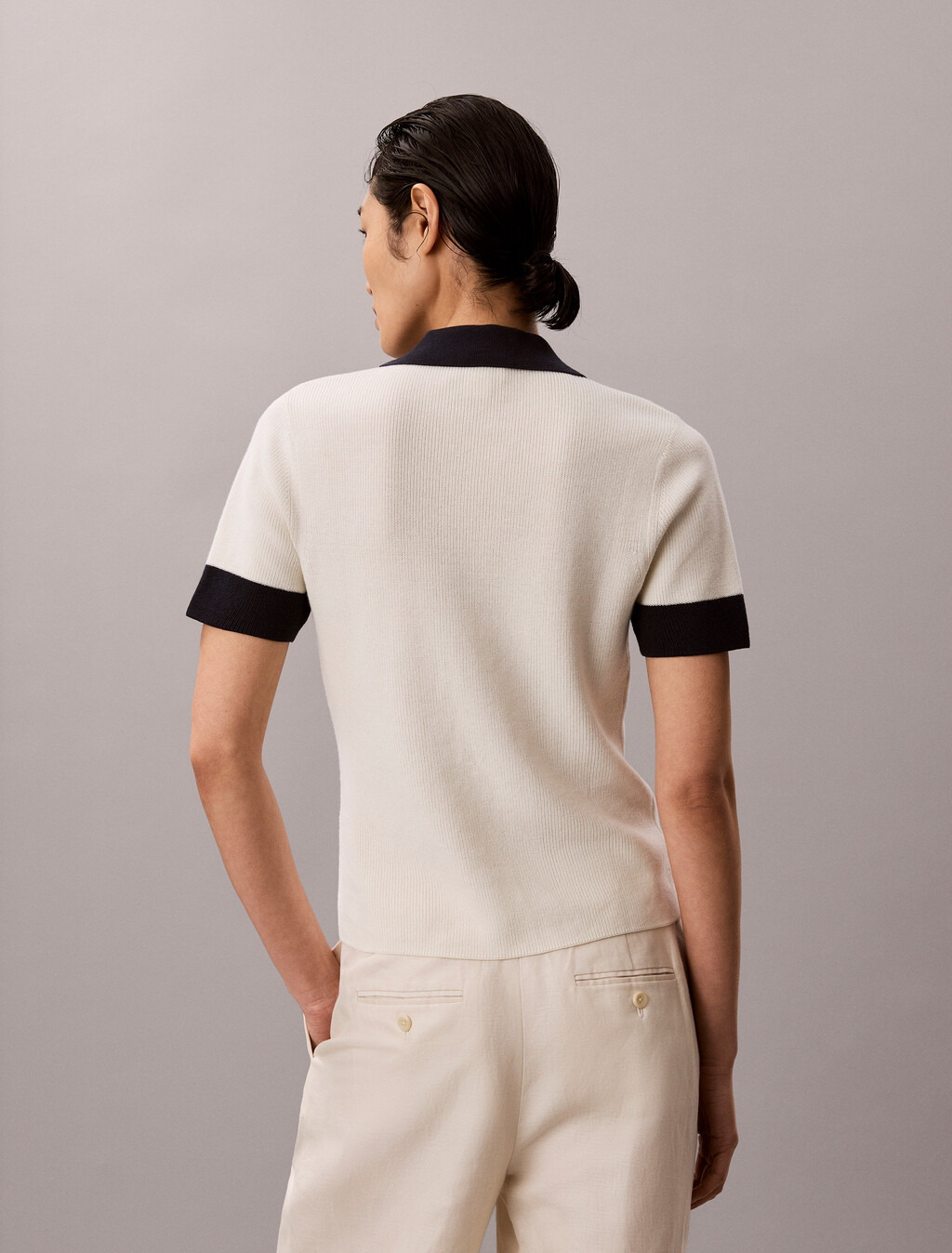 Two-Tone Cotton Knit Polo Shirt, Tofu, hi-res