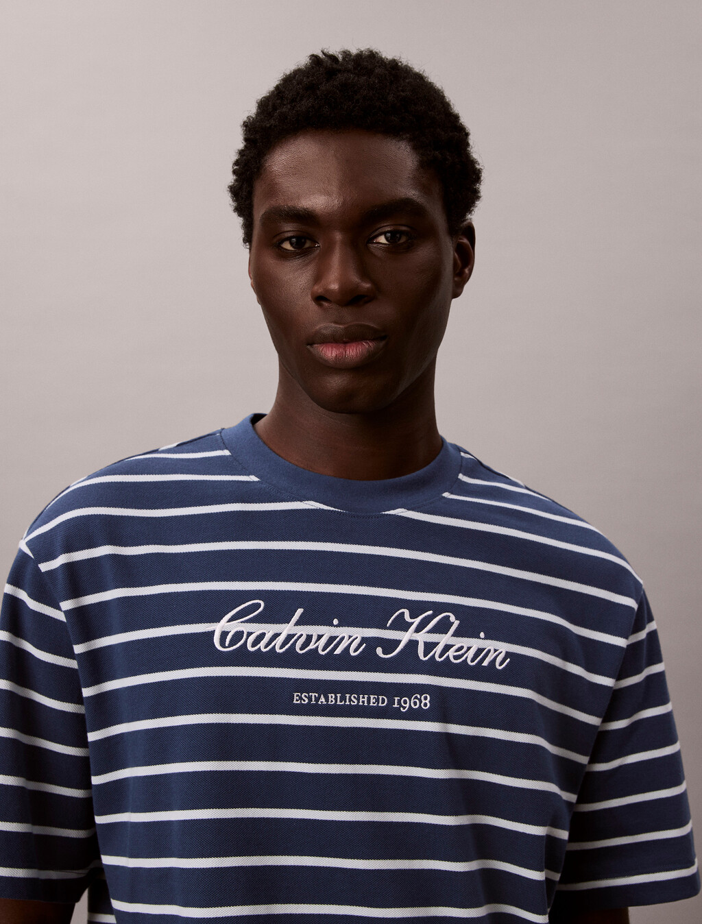 Relaxed Cotton Piqu&eacute; Stripe T-shirt, Dark Denim, hi-res