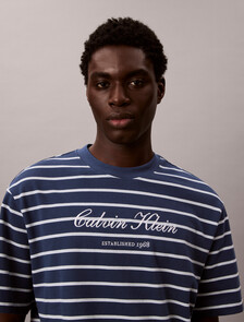 Relaxed Cotton Piqu&eacute; Stripe T-shirt, Dark Denim, hi-res