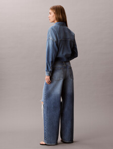 Low Rise Distressed Baggy Jeans, SLASHED INDIGO, hi-res