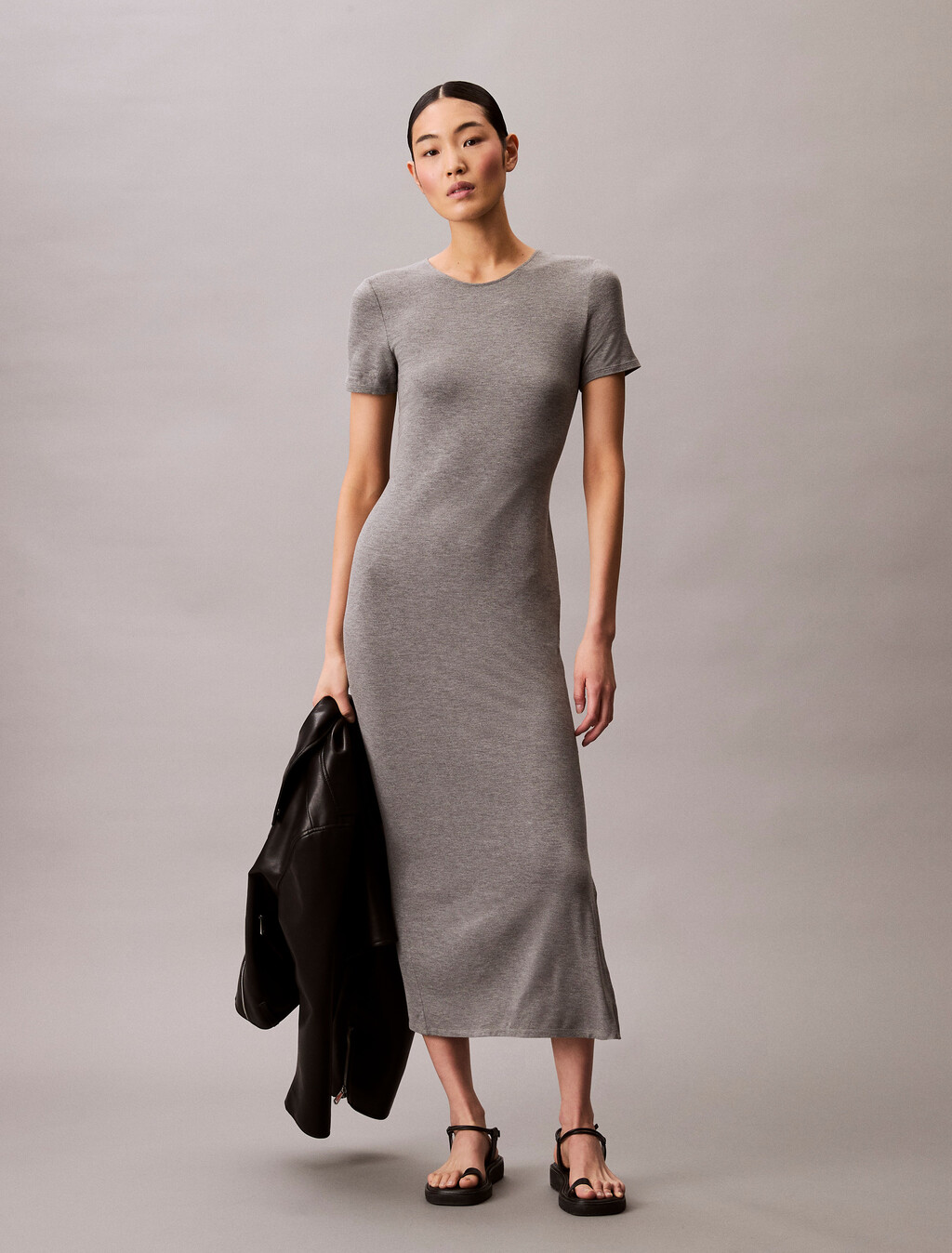 Second Skin Crewneck Midi Dress, MED GREY HEATHER, hi-res
