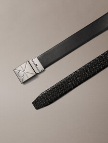 CK Emblem Plaque Reversible Belt, Black AOP / Black / Matte Gunmetal, hi-res