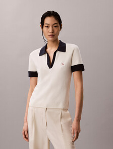 Two-Tone Cotton Knit Polo Shirt, Tofu, hi-res