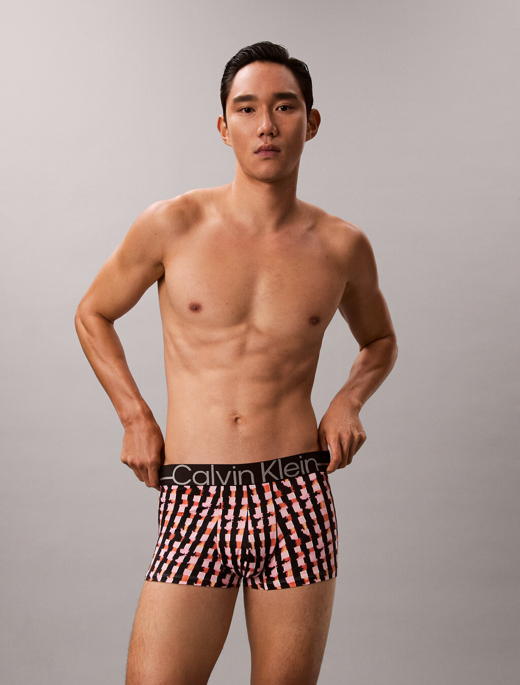 Icon Microfiber Stretch Metallic Low Rise Trunk, PAINTED CHECK MILK BERRY, hi-res