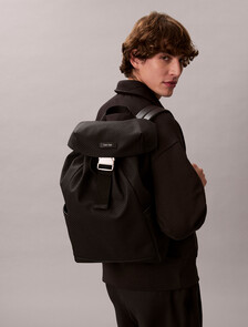 Embossed Woven Flap Backpack, Black, hi-res