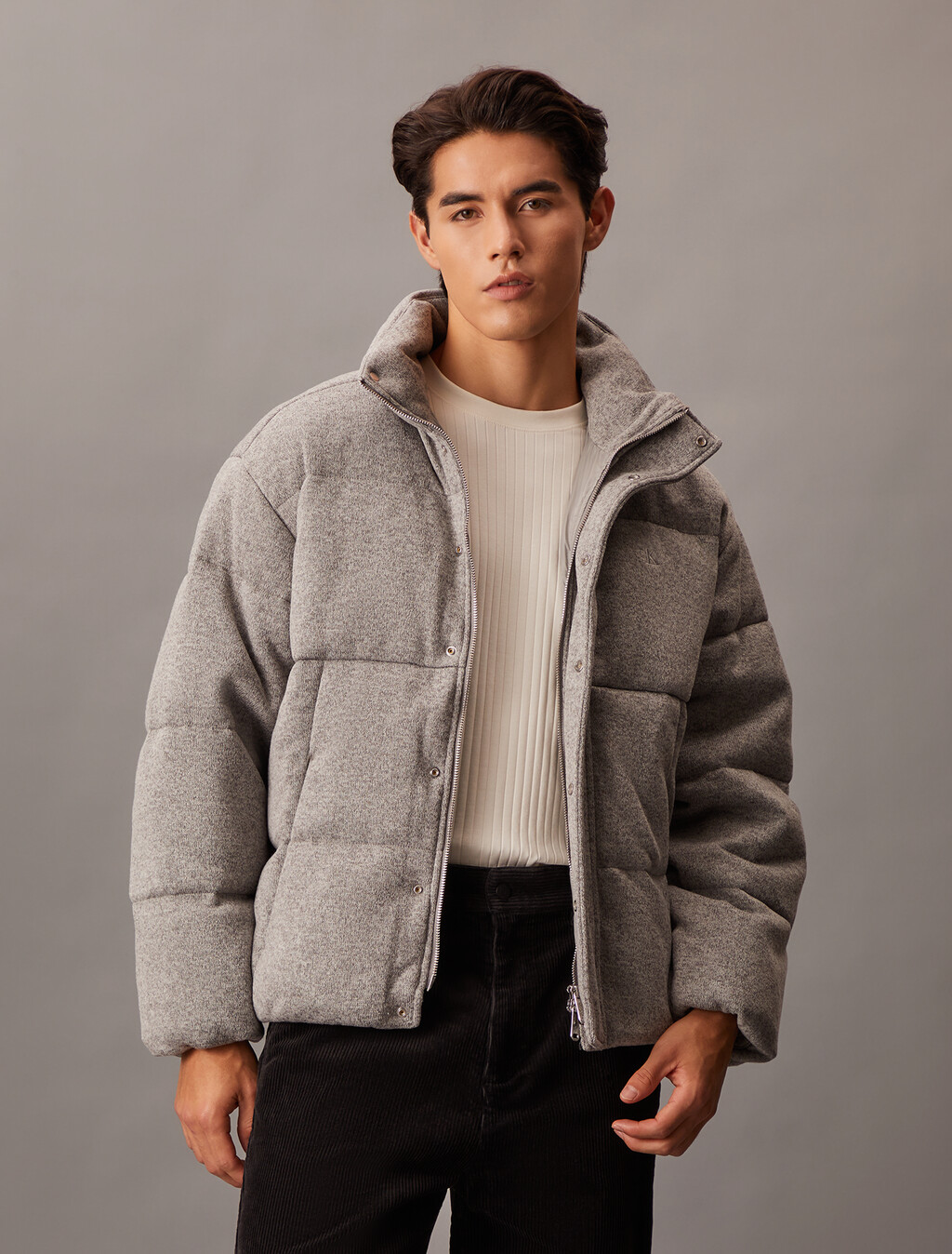 Stand Collar Down Jacket, Grey Heather, hi-res
