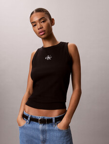 Rib Knit Monogram Tank Top, Black, hi-res