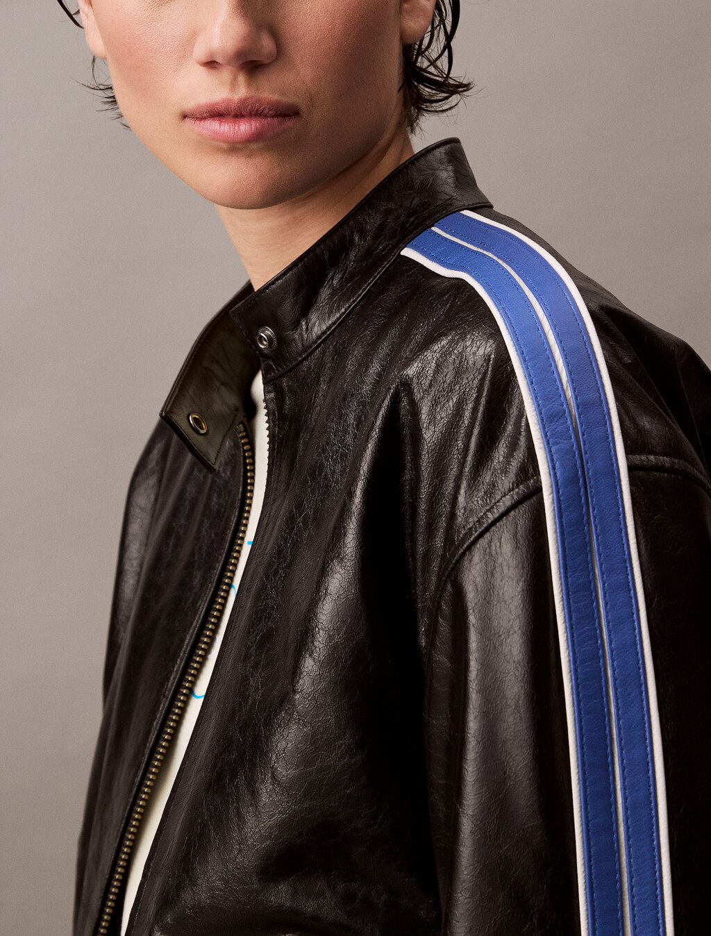 Relaxed Leather Zip Jacket, Black / Déja Vu Blue / White, hi-res