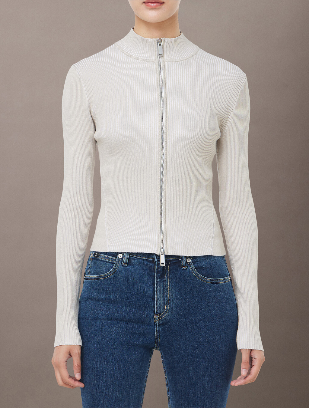 Sculpted Knit Zip Up Cardigan, Island Fossil, hi-res