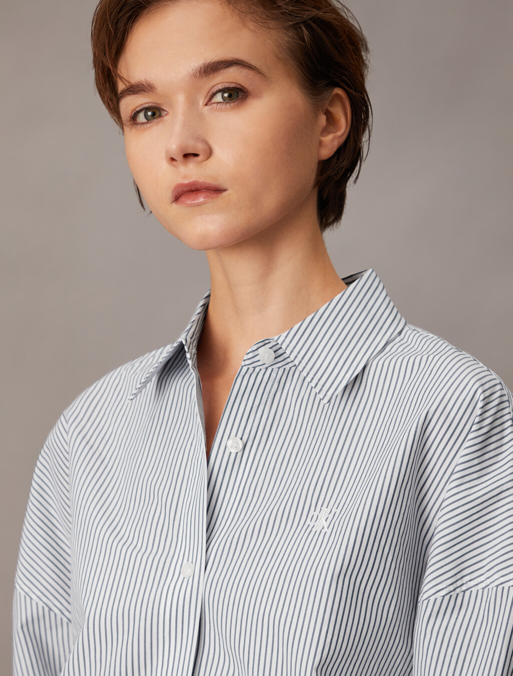 Cropped Stripe Shirt, Chambray Blue / White Stripe, hi-res