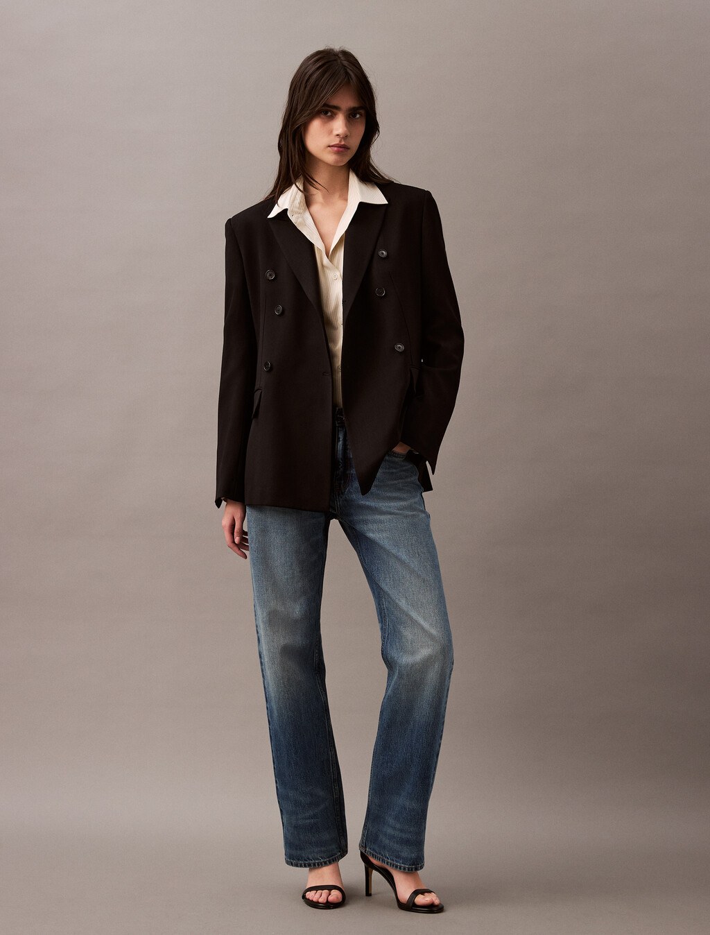 Slim Wool Gabardine Double-Breasted Blazer, Black, hi-res