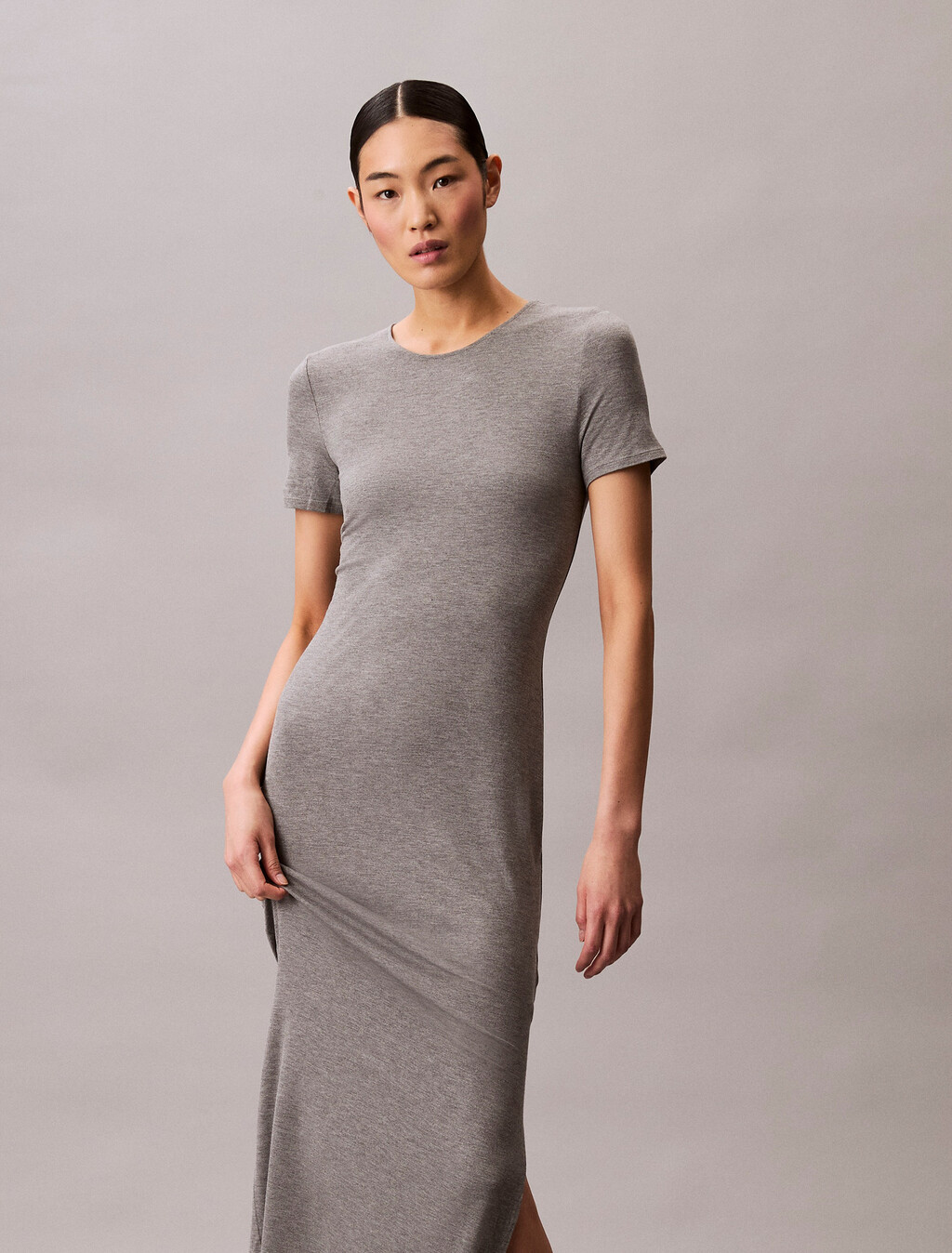 Second Skin Crewneck Midi Dress, MED GREY HEATHER, hi-res