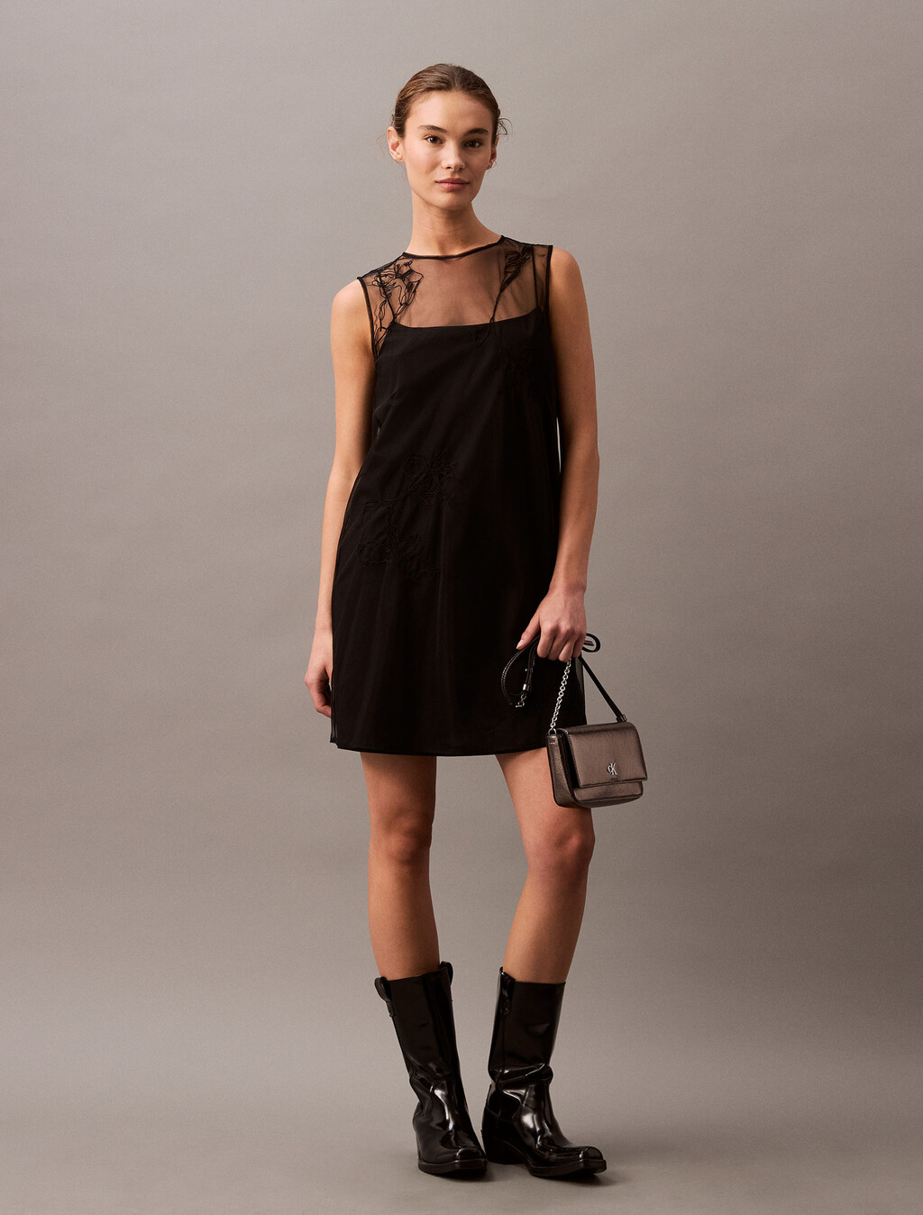 Embroidered Mini Dress, Black, hi-res
