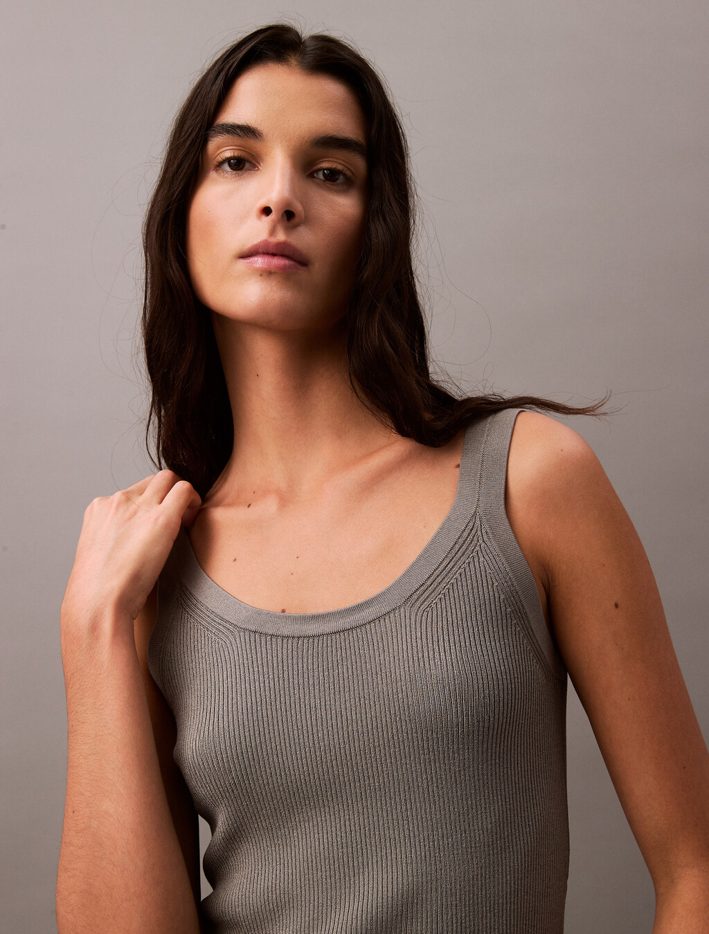 Viscose Rib Knit Tank Top, Turtledove, hi-res