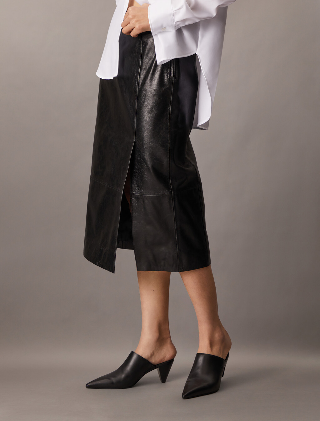 Leather Midi Skirt, Black, hi-res