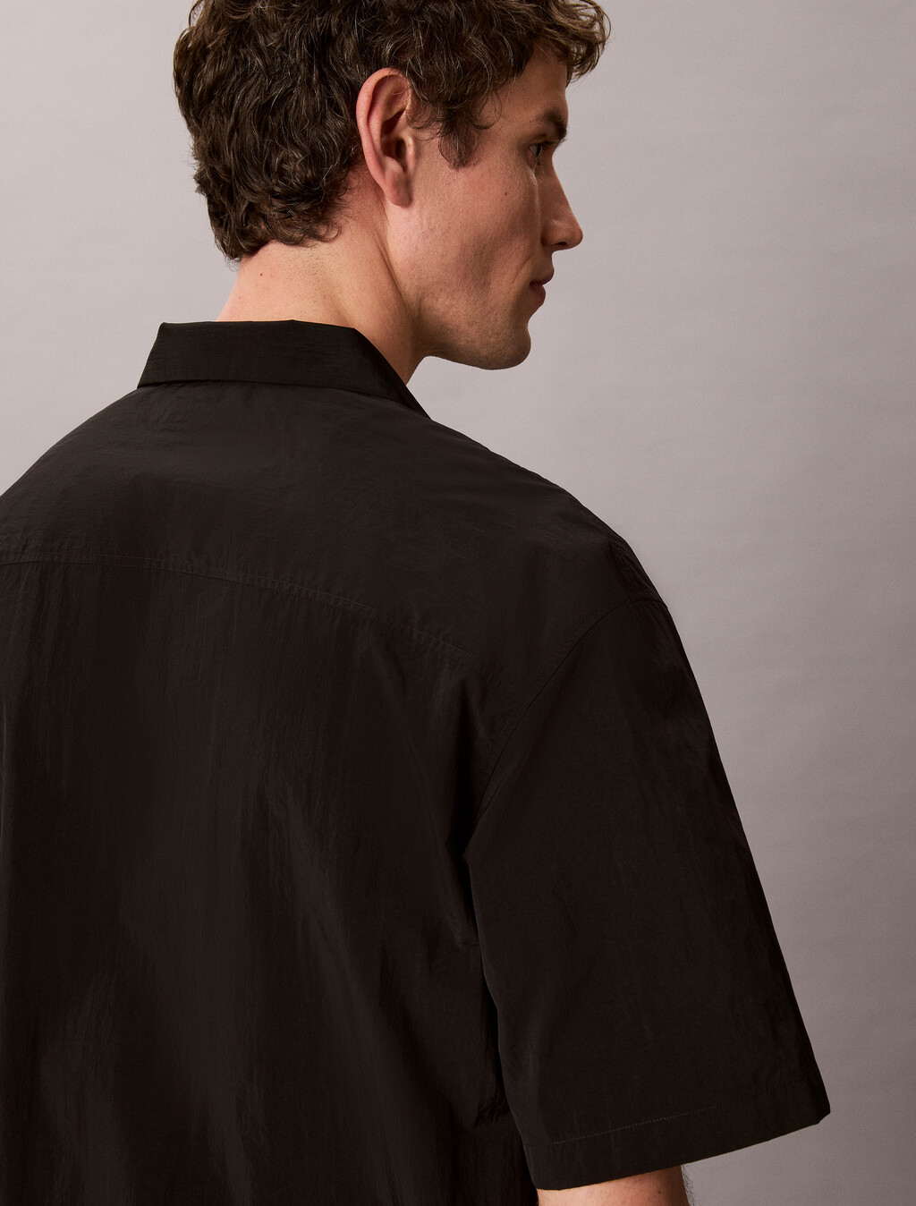 Nylon Relaxed Camp Collar Shirt, Black, hi-res