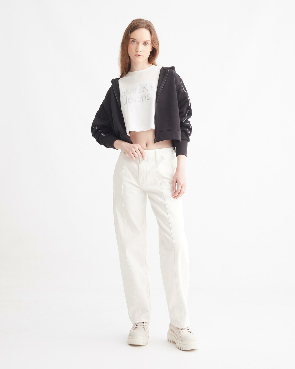 LOGO TAPE CROPPED ZIP THRU HOODIE, Ck Black, hi-res