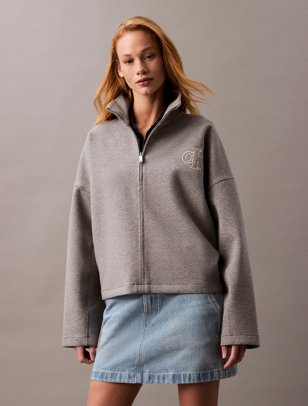 Relaxed Spacer Zip Collar Jacket, MED GREY HTR, hi-res