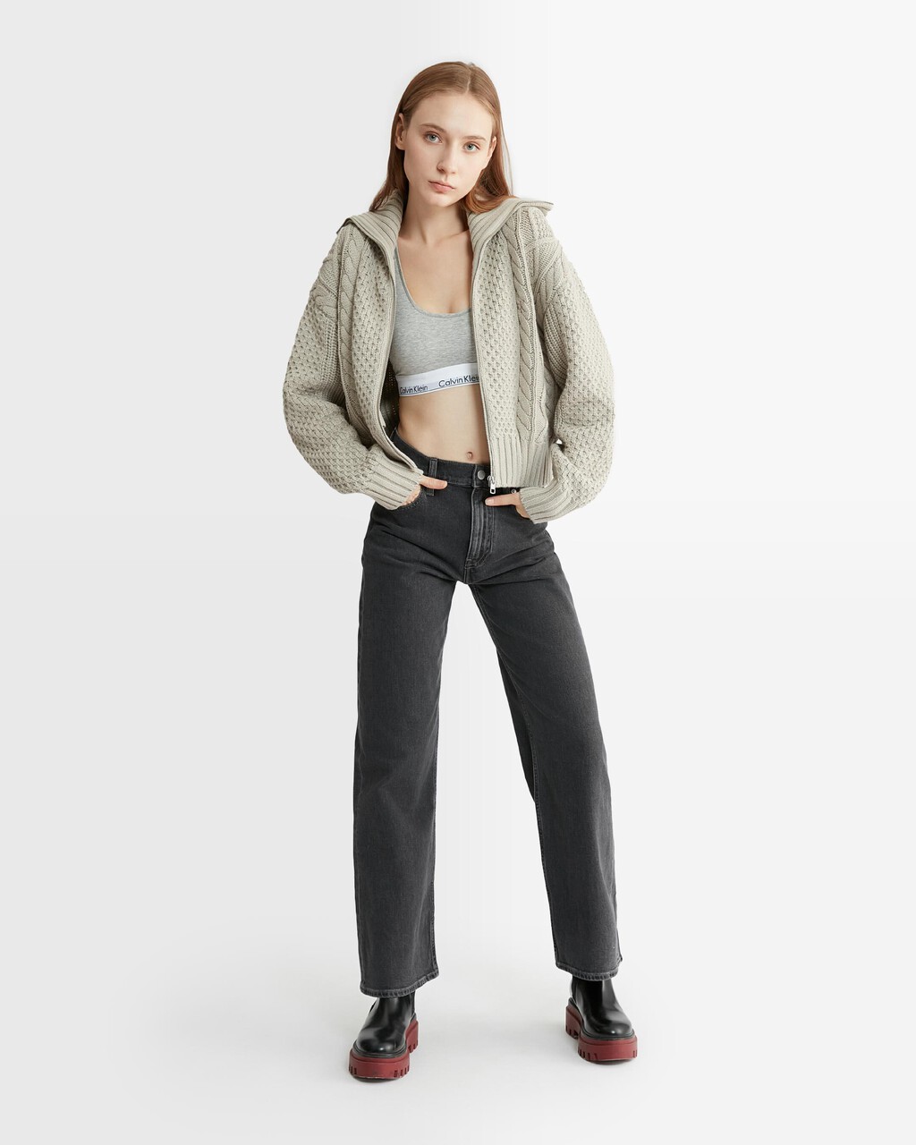 Varsity Cable Wool Blend Cardigan, Porpoise, hi-res