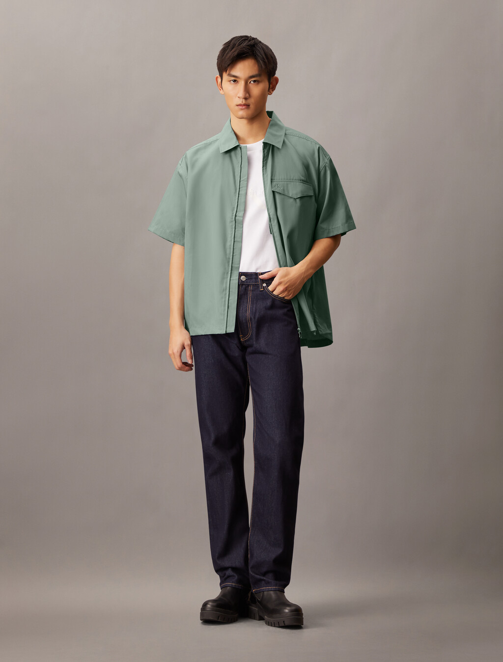 Zip Up Poplin Shirt, Lead, hi-res