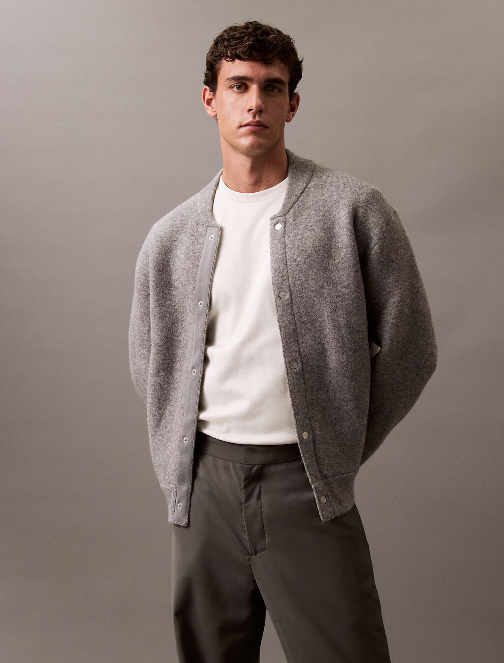 Boiled Wool Blend Snap Bomber, Medium Grey htr, hi-res