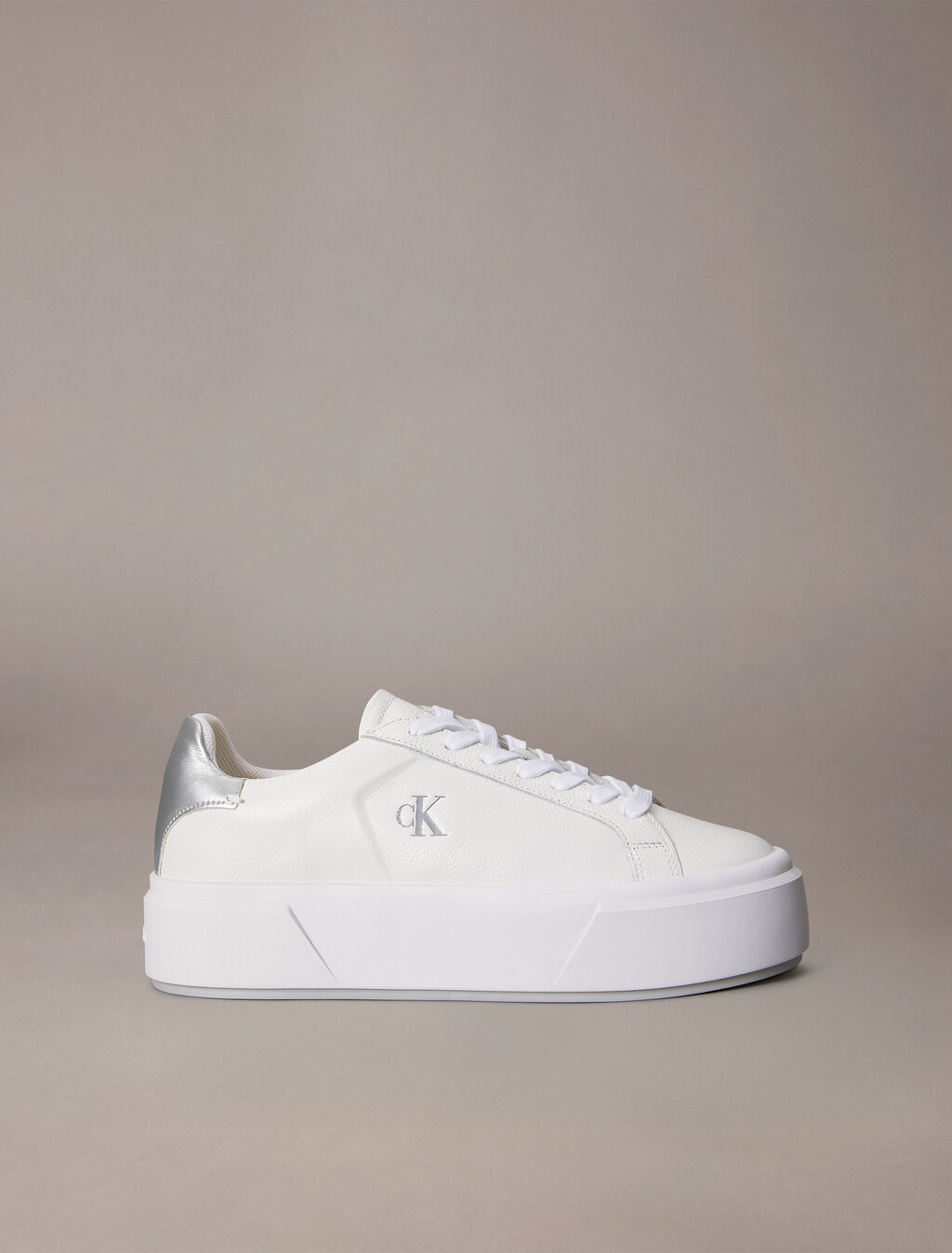 Sienna - Leather Logo Platform Trainers, Bright White/Silver, hi-res