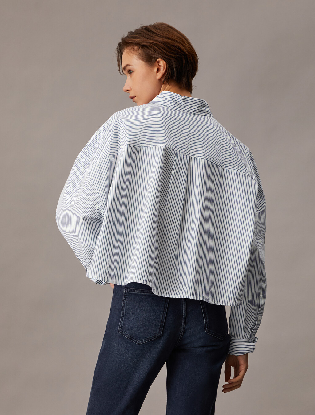 Cropped Stripe Shirt, Chambray Blue / White Stripe, hi-res