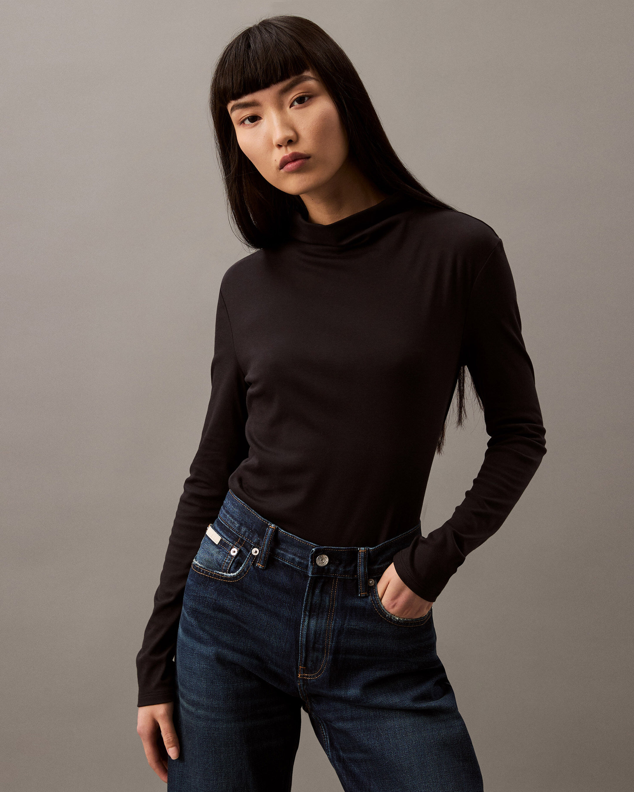 Mercerized Jersey Mock Neck T Shirt black Calvin Klein Singapore