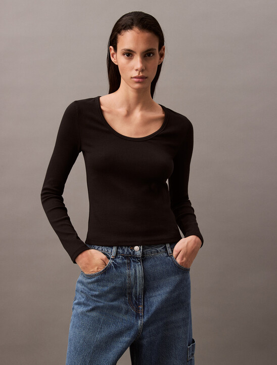 Rib Knit U Neck Long Sleeve Tee