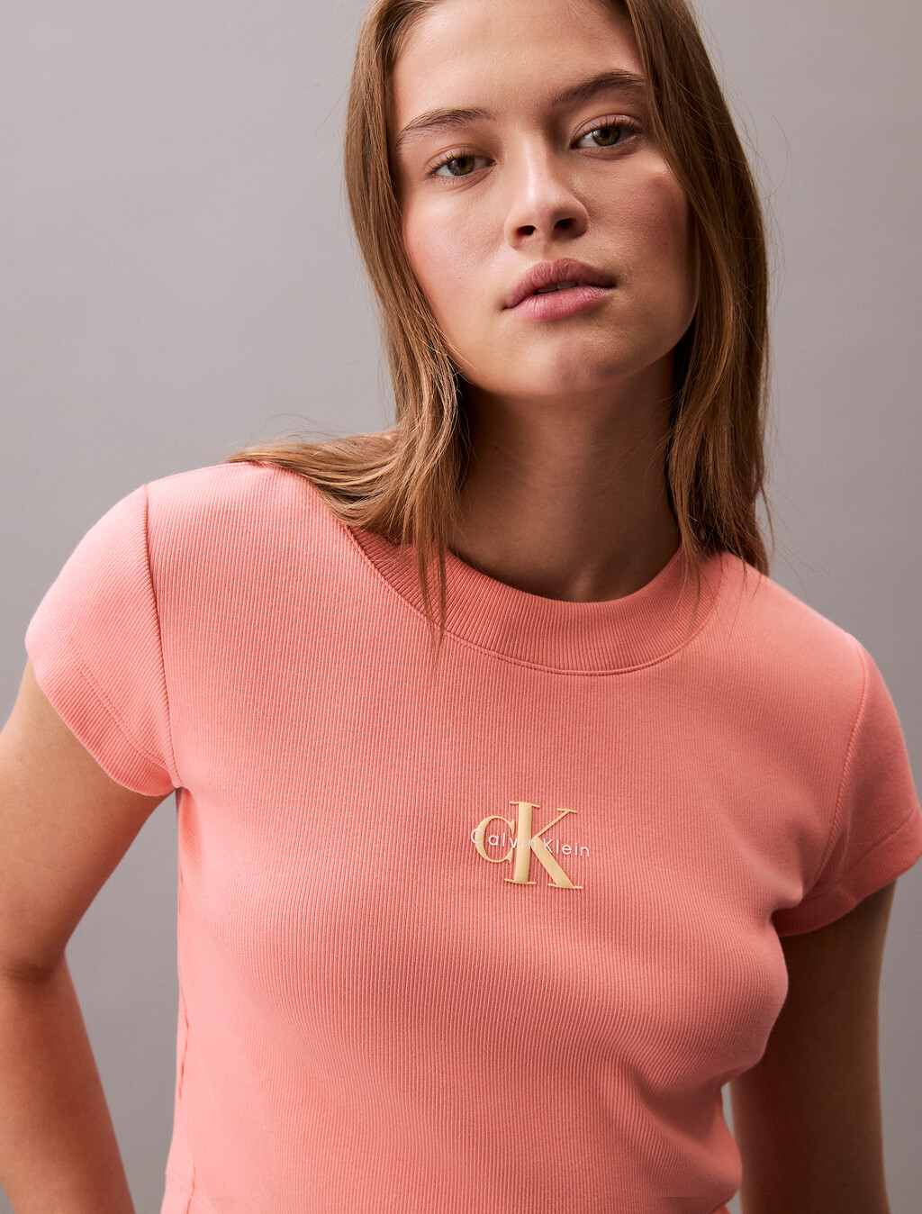 Slim Cropped Monogram T-shirt, Powder Orange, hi-res