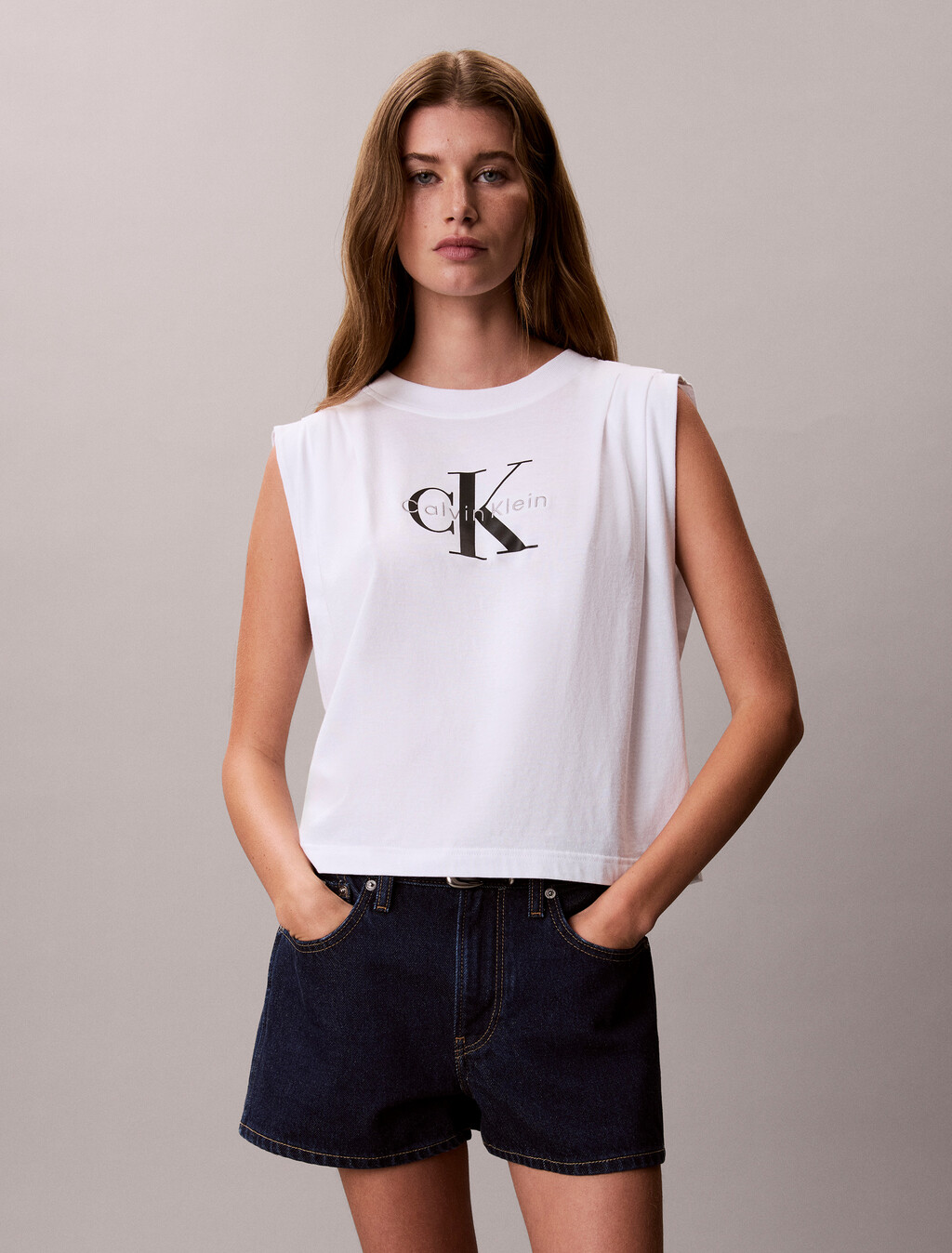 Monogram Shoulder Pleat Tee, Bright White, hi-res