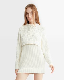 Varsity Cable Sweater Dress, Ivory, hi-res